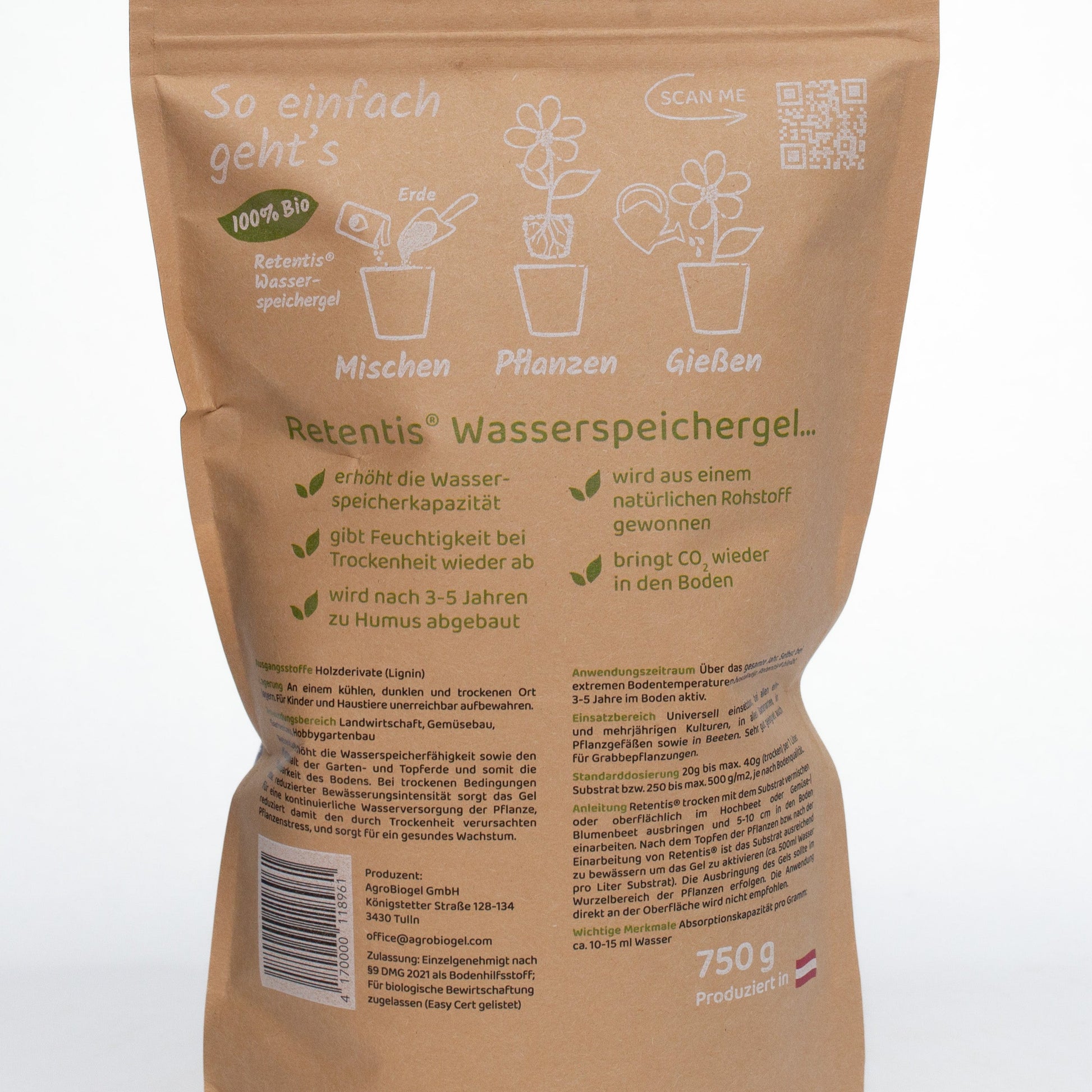 Agrobiogel hydrogel soil water retention product in brown biodegradable packaging with usage instructions