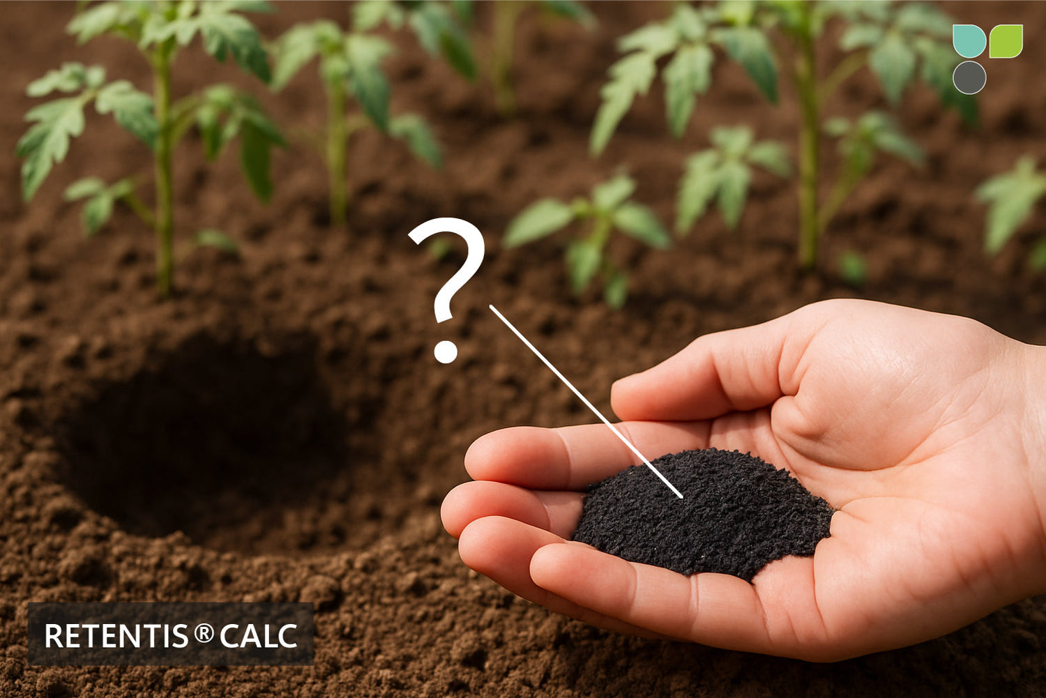 Hand hält eine Portion RETENTIS®-Wasserspeichergel von Agrobiogel vor frisch gepflanzten Setzlingen im Boden, mit einem Fragezeichen als Hinweis auf die Berechnung der benötigten Menge (RETENTIS® Calc).