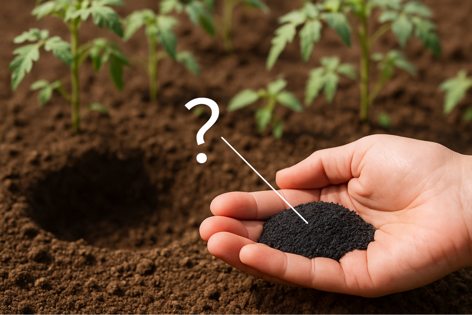 Hand hält eine Portion RETENTIS®-Wasserspeichergel von Agrobiogel vor frisch gepflanzten Setzlingen im Boden, mit einem Fragezeichen als Hinweis auf die Berechnung der benötigten Menge (RETENTIS® Calc).
