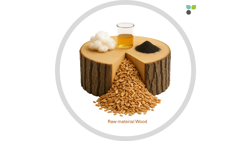 Animated GIF showing the composition of wood: 40% cellulose, 30% hemicellulose, and 30% lignin, illustrated by different material portions on a wood cross-section.