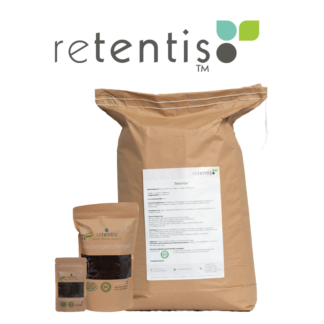 Drei Produktverpackungen RETENTIS®-Wasserspeichergel von Agrobiogel in unterschiedlichen Größen: ein großer Papiersack mit Etikett sowie zwei kleinere, braune Standbeutel mit Sichtfenster.