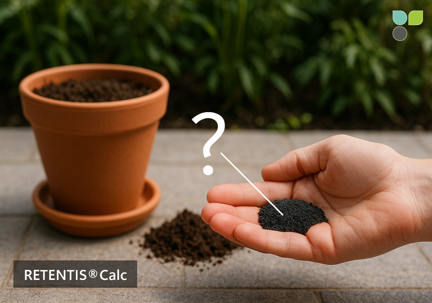 Hand hält eine Portion RETENTIS®-Wasserspeichergel von Agrobiogel vor einem Pflanztopf, mit einem Fragezeichen als Hinweis auf die Berechnung der benötigten Menge (RETENTIS® Calc).