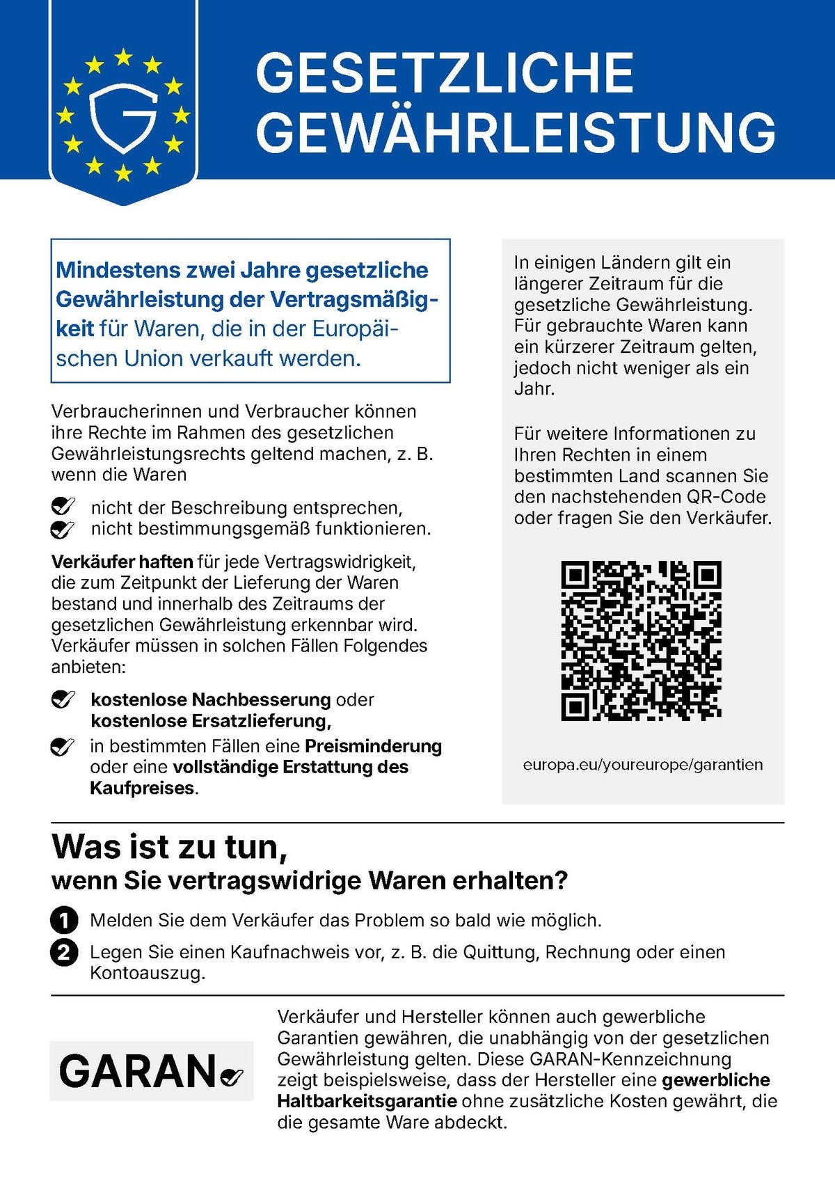 Harmonisierte EU-Mitteilung über das gesetzliche Gewährleistungsrecht: mindestens zwei Jahre Gewährleistung für Waren, die in der Europäischen Union verkauft werden