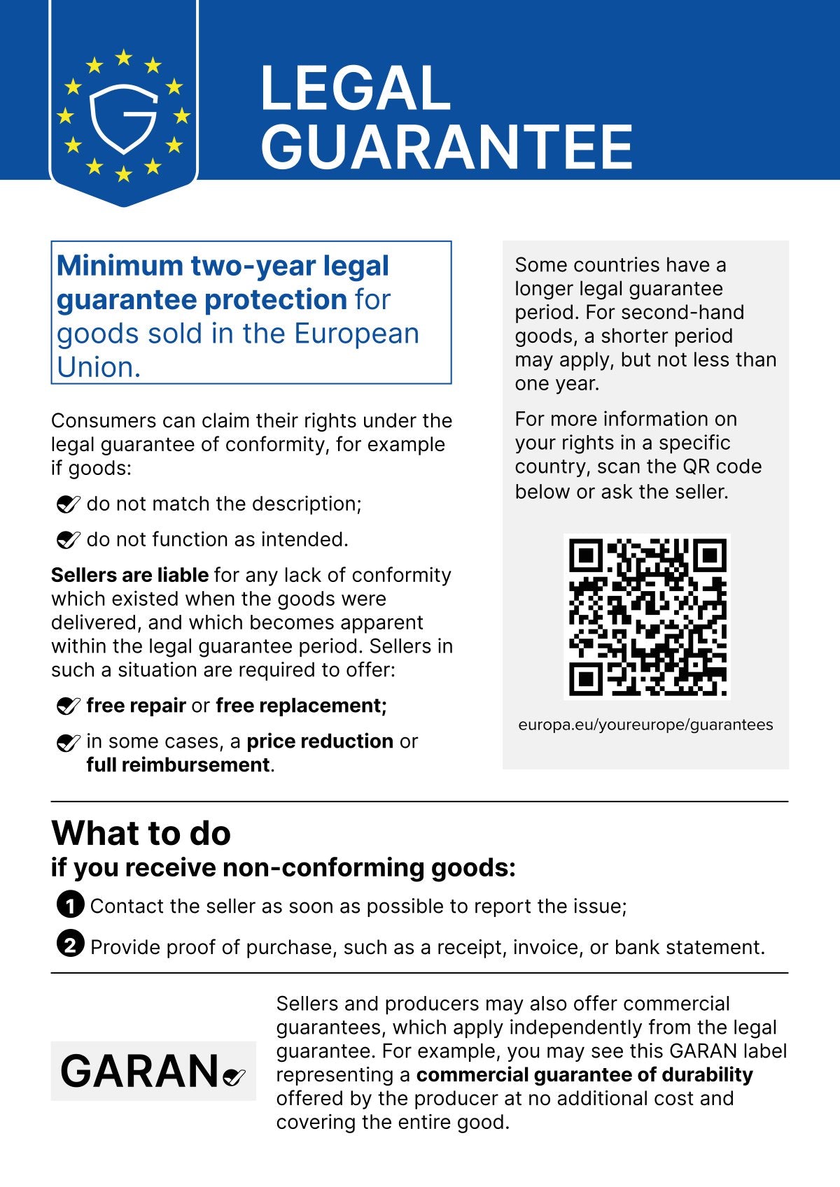 Harmonised EU notice on the legal guarantee of conformity: at least two years of legal guarantee for goods sold in the European Union
